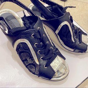 Guess Wedge White Black logo Shoes Sandals 6.5